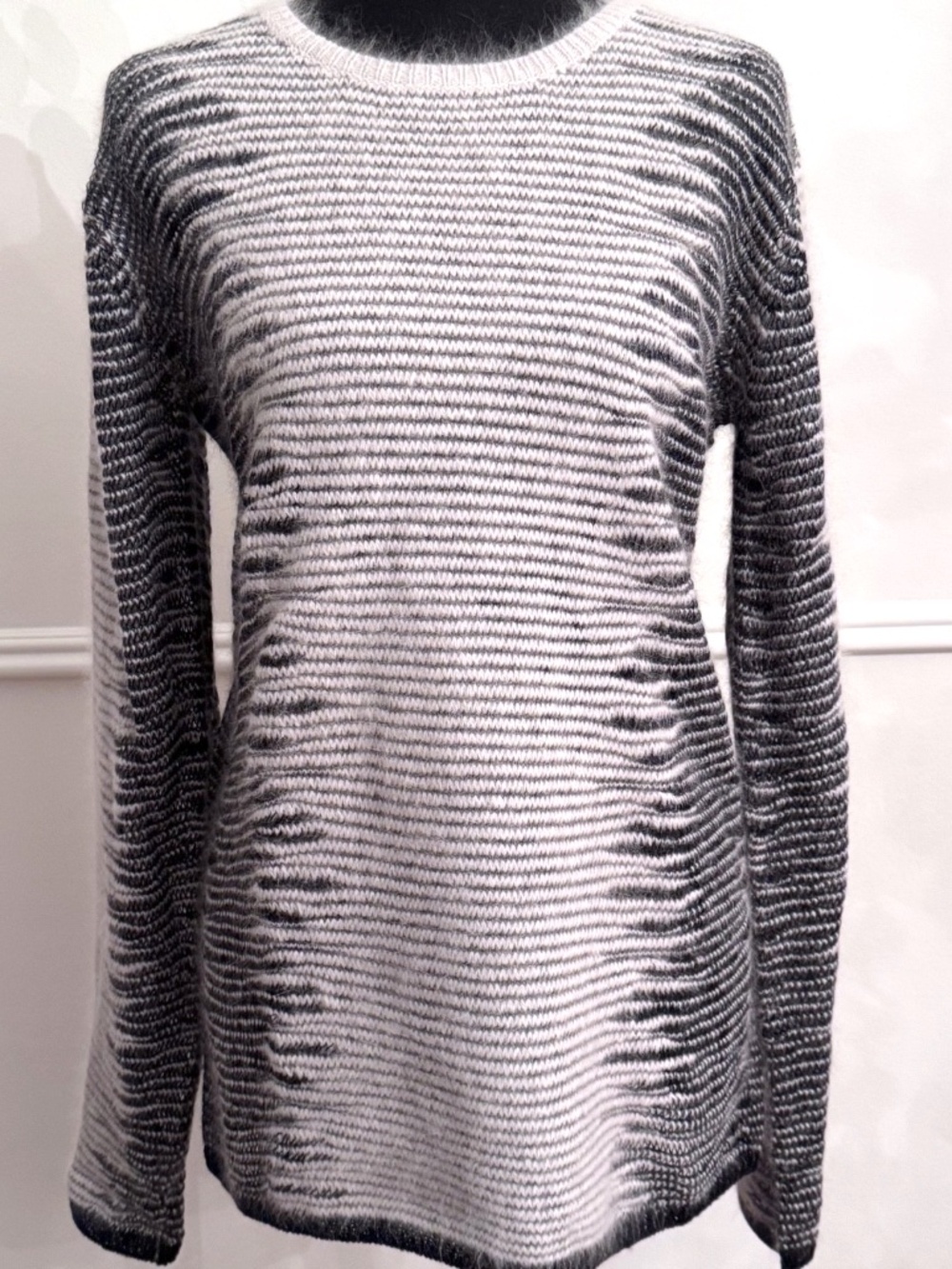 NWT Alexander Wang M Angora Metallic Tunic Sweater Black White Frayed Open Knit